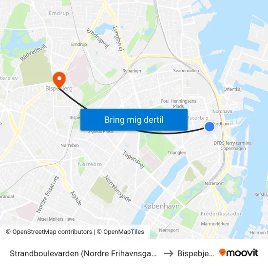 Strandboulevarden (Nordre Frihavnsgade) to Bispebjerg map