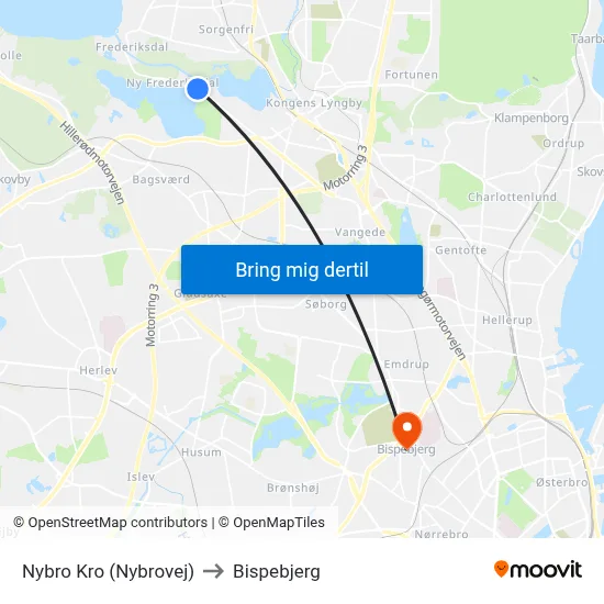 Nybro Kro (Nybrovej) to Bispebjerg map