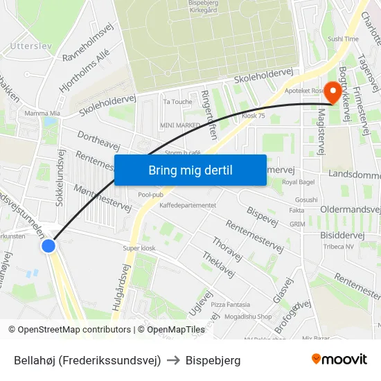 Bellahøj (Frederikssundsvej) to Bispebjerg map