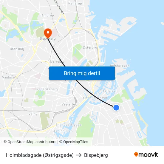 Holmbladsgade (Østrigsgade) to Bispebjerg map