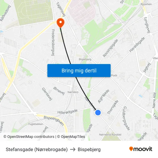 Stefansgade (Nørrebrogade) to Bispebjerg map