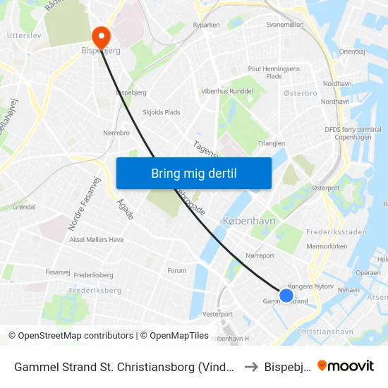 Gammel Strand St. Christiansborg (Vindebrogade) to Bispebjerg map