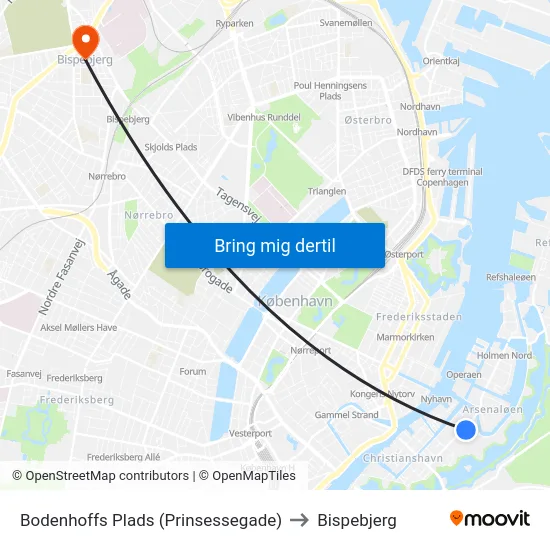 Bodenhoffs Plads (Prinsessegade) to Bispebjerg map