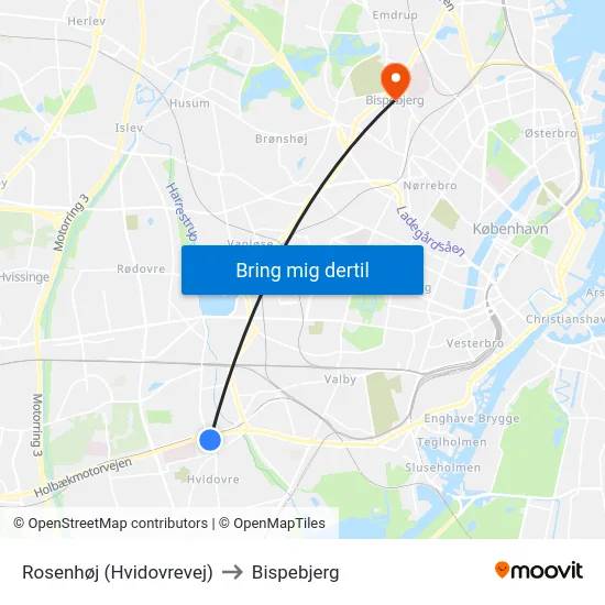 Rosenhøj (Hvidovrevej) to Bispebjerg map