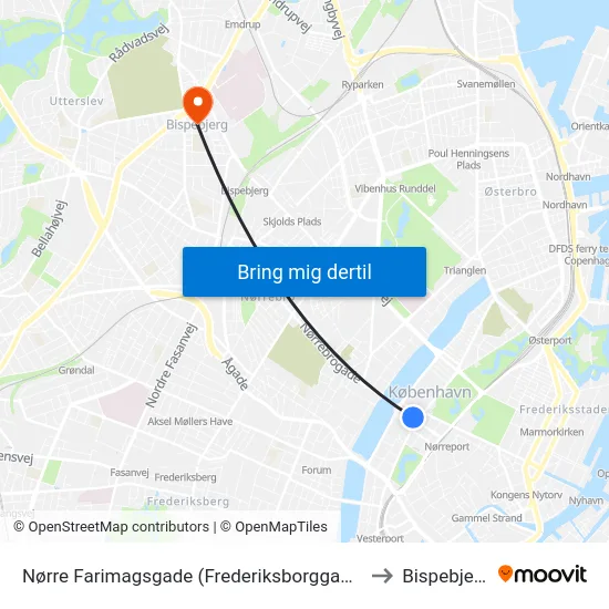 Nørre Farimagsgade (Frederiksborggade) to Bispebjerg map