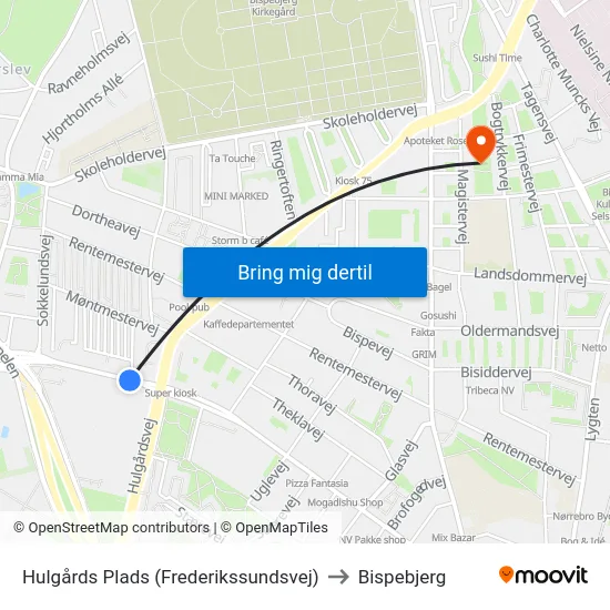 Hulgårds Plads (Frederikssundsvej) to Bispebjerg map
