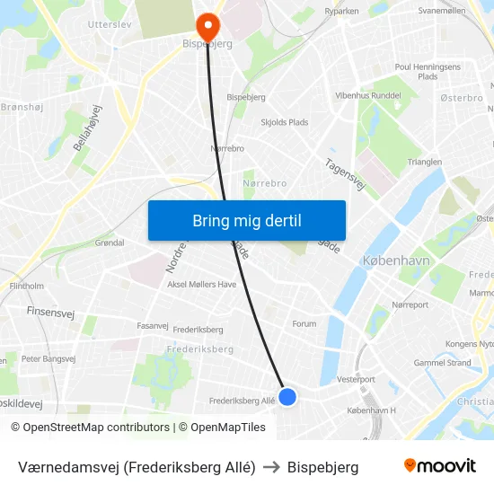 Værnedamsvej (Frederiksberg Allé) to Bispebjerg map