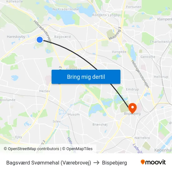 Bagsværd Svømmehal (Værebrovej) to Bispebjerg map