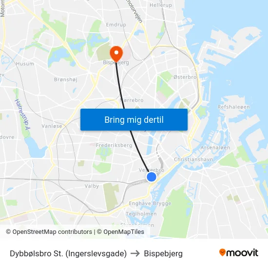 Dybbølsbro St. (Ingerslevsgade) to Bispebjerg map