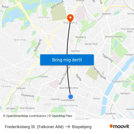 Frederiksberg St. (Falkoner Allé) to Bispebjerg map