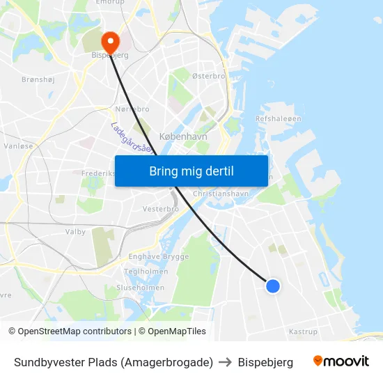 Sundbyvester Plads (Amagerbrogade) to Bispebjerg map