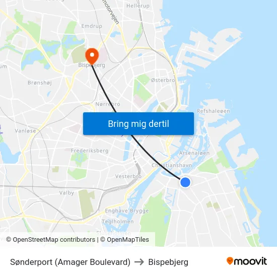 Sønderport (Amager Boulevard) to Bispebjerg map