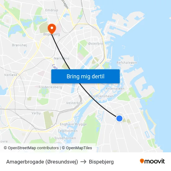 Amagerbrogade (Øresundsvej) to Bispebjerg map