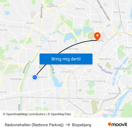 Rødovrehallen (Rødovre Parkvej) to Bispebjerg map