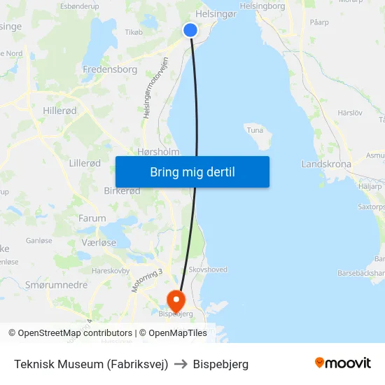 Teknisk Museum (Fabriksvej) to Bispebjerg map