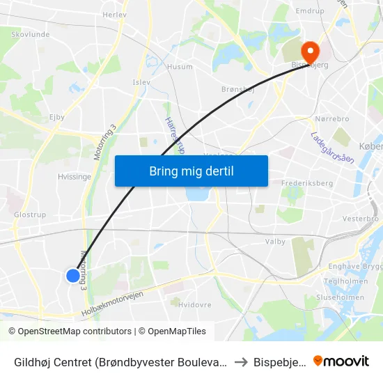 Gildhøj Centret (Brøndbyvester Boulevard) to Bispebjerg map