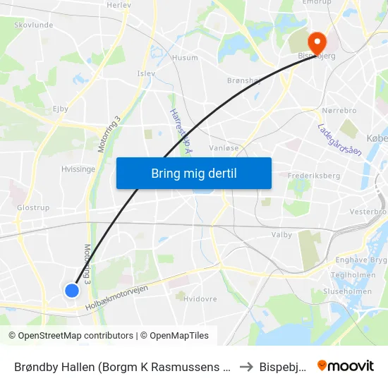 Brøndby Hallen (Borgm K Rasmussens Blvd) to Bispebjerg map
