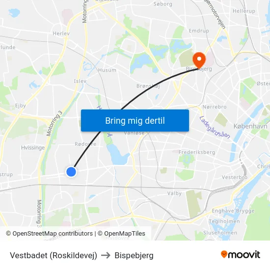 Vestbadet (Roskildevej) to Bispebjerg map