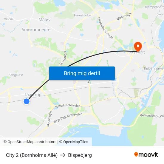 City 2 (Bornholms Allé) to Bispebjerg map
