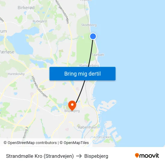 Strandmølle Kro (Strandvejen) to Bispebjerg map