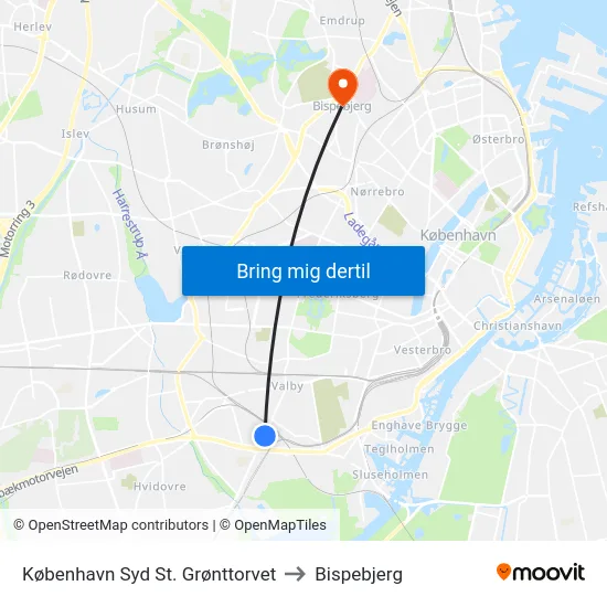 København Syd St. Grønttorvet to Bispebjerg map