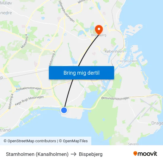 Stamholmen (Kanalholmen) to Bispebjerg map