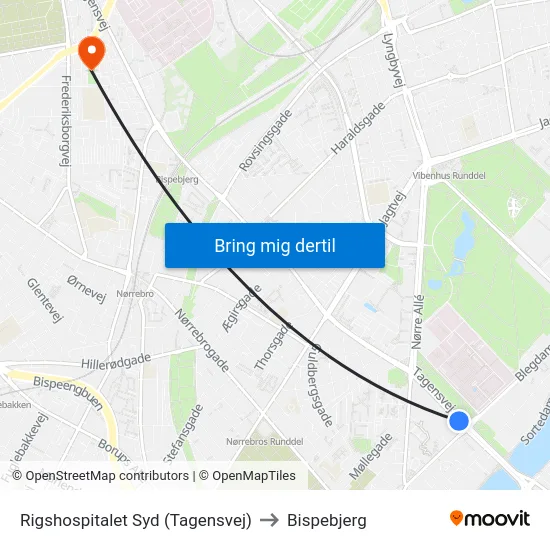 Rigshospitalet Syd (Tagensvej) to Bispebjerg map