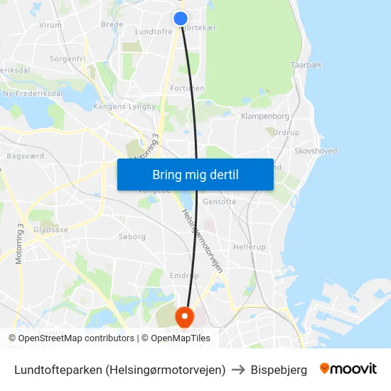 Lundtofteparken (Helsingørmotorvejen) to Bispebjerg map