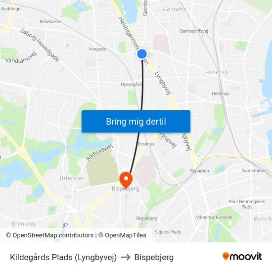 Kildegårds Plads (Lyngbyvej) to Bispebjerg map