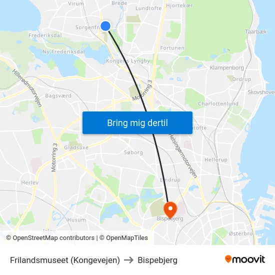 Frilandsmuseet (Kongevejen) to Bispebjerg map