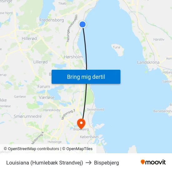 Louisiana (Humlebæk Strandvej) to Bispebjerg map