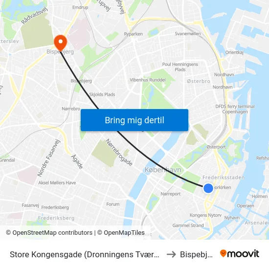 Store Kongensgade (Dronningens Tværgade) to Bispebjerg map