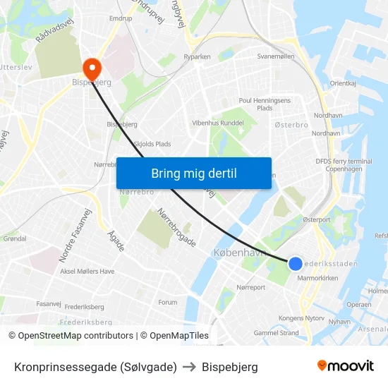 Kronprinsessegade (Sølvgade) to Bispebjerg map