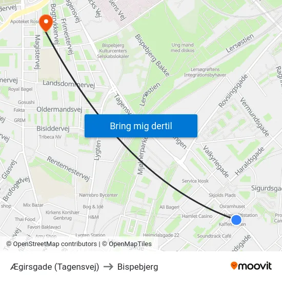 Ægirsgade (Tagensvej) to Bispebjerg map
