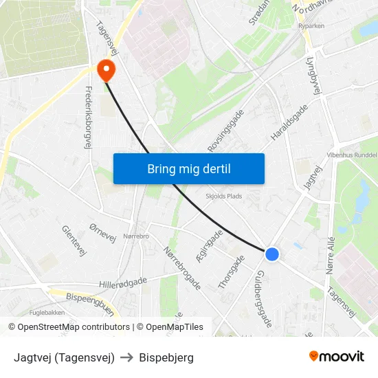Jagtvej (Tagensvej) to Bispebjerg map
