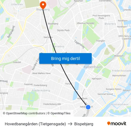Hovedbanegården (Tietgensgade) to Bispebjerg map