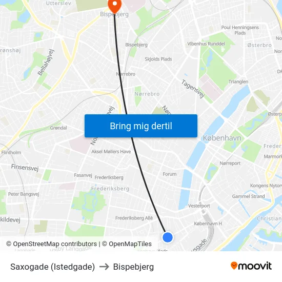 Saxogade (Istedgade) to Bispebjerg map