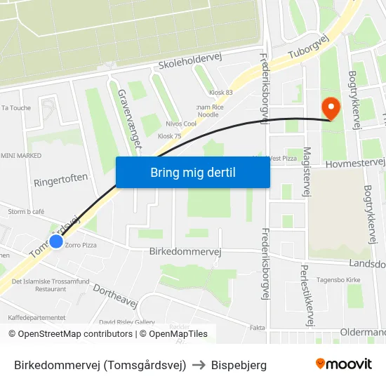 Birkedommervej (Tomsgårdsvej) to Bispebjerg map