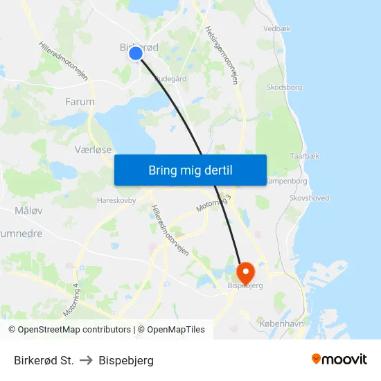 Birkerød St. to Bispebjerg map
