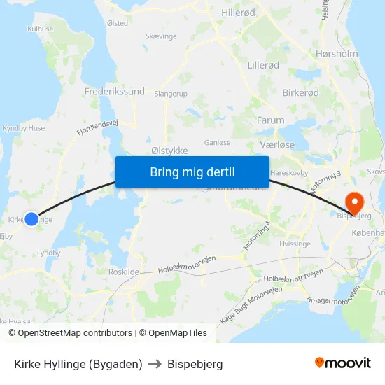 Kirke Hyllinge (Bygaden) to Bispebjerg map