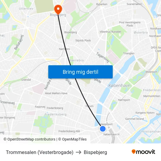 Trommesalen (Vesterbrogade) to Bispebjerg map