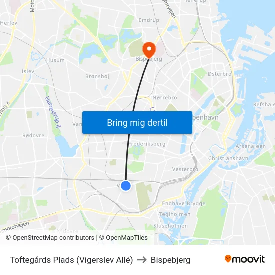 Toftegårds Plads (Vigerslev Allé) to Bispebjerg map