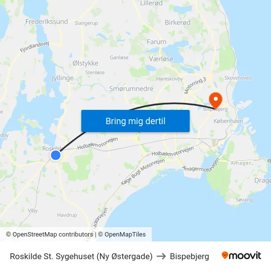 Roskilde St. Sygehuset (Ny Østergade) to Bispebjerg map