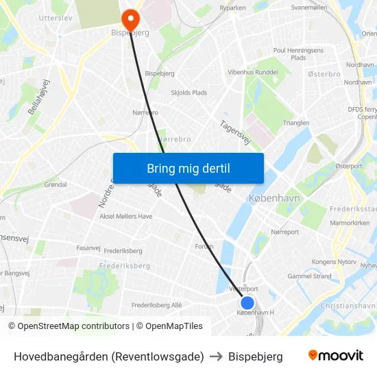 Hovedbanegården (Reventlowsgade) to Bispebjerg map
