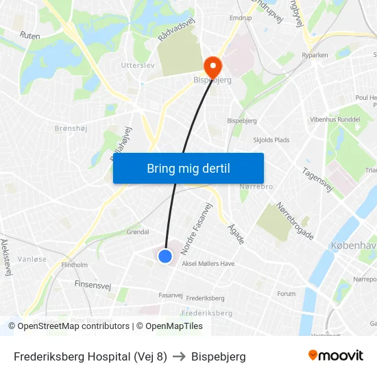 Frederiksberg Hospital (Vej 8) to Bispebjerg map