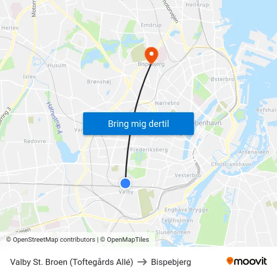 Valby St. Broen (Toftegårds Allé) to Bispebjerg map