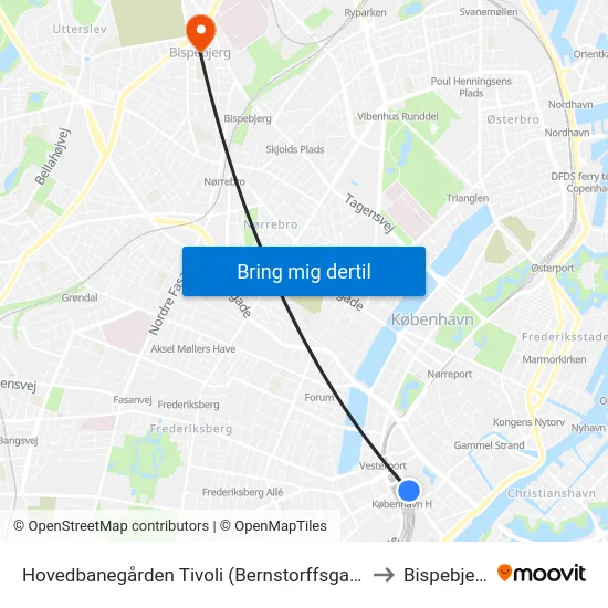 Hovedbanegården Tivoli (Bernstorffsgade) to Bispebjerg map