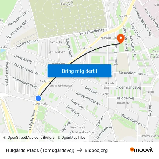 Hulgårds Plads (Tomsgårdsvej) to Bispebjerg map