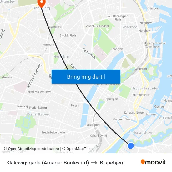 Klaksvigsgade (Amager Boulevard) to Bispebjerg map
