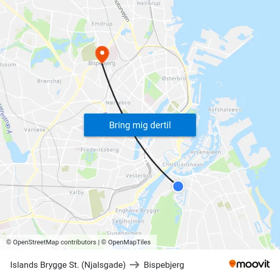 Islands Brygge St. (Njalsgade) to Bispebjerg map